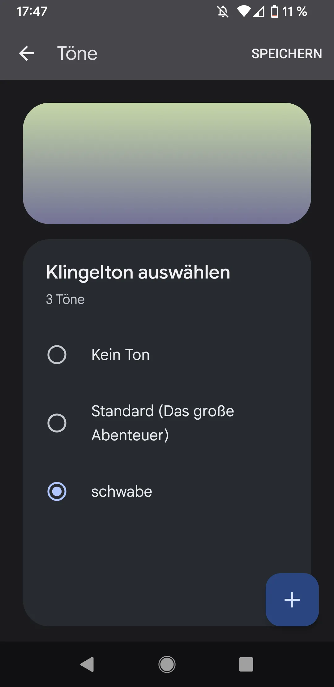 Screen Shot Android: Wir wählen hier beispielhaft den Klingelton Schwabe, den wir zuvor runtergeladen und in das Verzeichnis „Ringtones“ verschoben haben. Rechts oben auf „Speichern” klicken!